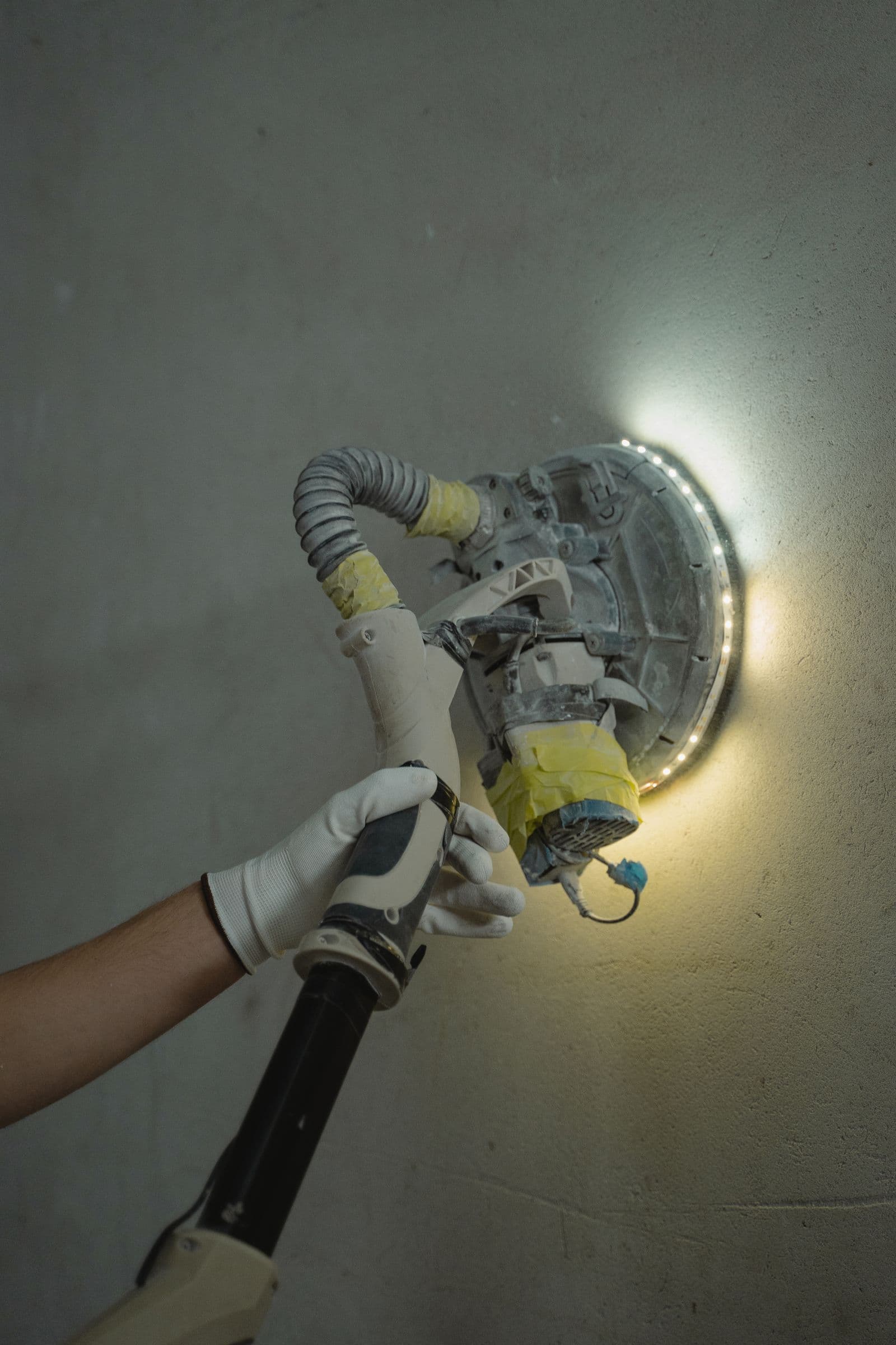 Wall being power-sanded under bright light before paint